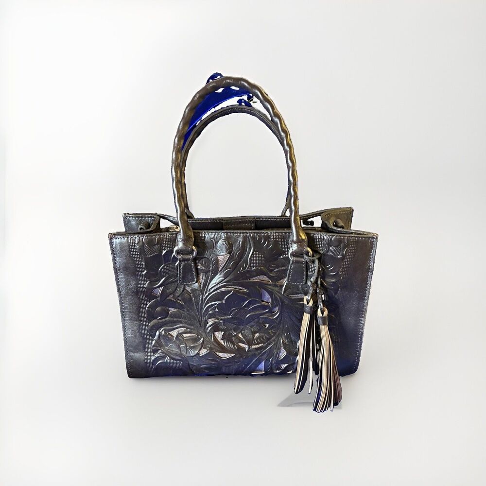 Patricia Nash Smoke color Tooled Leather Satchel Top Handle Zip Tassel